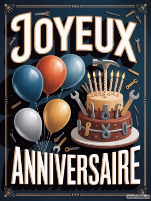 Carte virtuelle anniversaire homme, gâteau outils et ballons, ambiance festive.