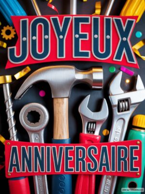 Carte virtuelle anniversaire bricolage, outils animés et confettis festifs.