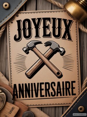 Carte virtuelle anniversaire homme, marteaux croisés sur fond kraft, style vintage.