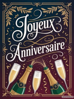 Carte virtuelle anniversaire festive, bouteilles de champagne et flûtes animées, fond bleu nuit.