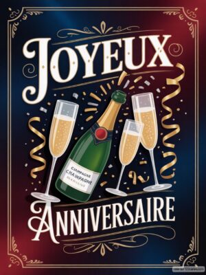 Carte virtuelle anniversaire avec champagne, verres et confettis, animée et musicale.