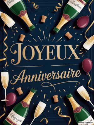 Carte virtuelle anniversaire avec champagne, flûtes et ballons, ambiance festive.