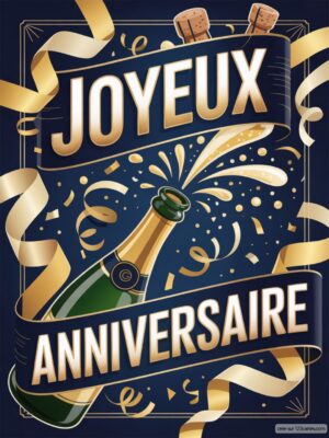 Carte virtuelle anniversaire avec champagne pétillant, rubans dorés et confettis.