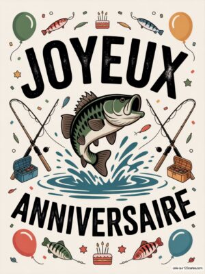 Carte virtuelle anniversaire pêcheur, poisson sautant, cannes à pêche animées.