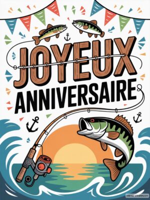 Carte virtuelle anniversaire pêcheur, avec poissons et canne à pêche animés, ambiance festive.