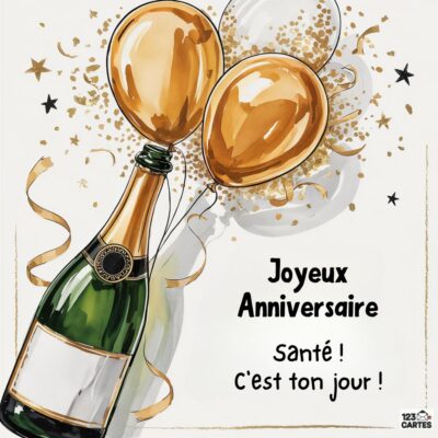 Illustration festive avec bouteille de champagne dorée, ballons oranges et confettis sur fond beige clair.
