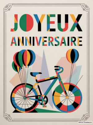 Carte virtuelle anniversaire colorée, vélo et ballons animés, style art déco.