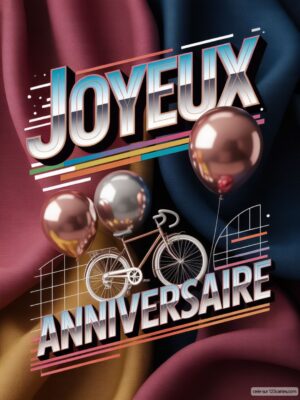 Carte virtuelle anniversaire avec vélo, ballons roses et argentés, fond drapé.