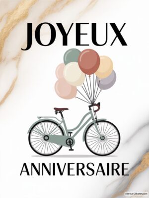 Carte virtuelle anniversaire avec vélo pastel et ballons, fond marbre doré.