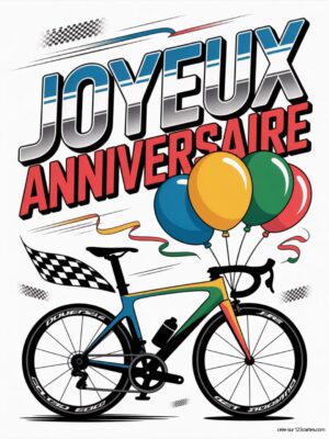 Carte virtuelle anniversaire cyclisme, vélo coloré, ballons et drapeau à damier.