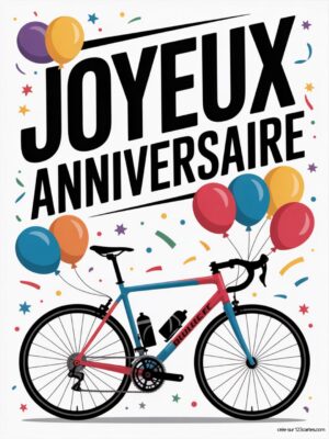 Carte virtuelle anniversaire cycliste, vélo coloré et ballons animés.
