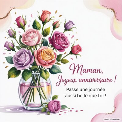Vase de roses colorées avec le message « Maman, Joyeux anniversaire ! Passe une journée aussi belle que toi ! »