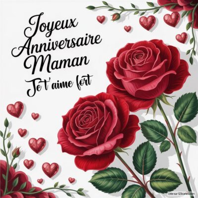 Carte d'anniversaire avec deux roses rouges et des cœurs, accompagnée des mots : Joyeux Anniversaire Maman, Je t'aime fort.