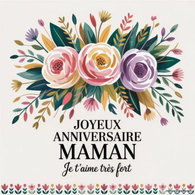 Carte d'anniversaire pour maman avec des fleurs colorées. Inscription : Joyeux anniversaire MAMAN, Je t'aime très fort.