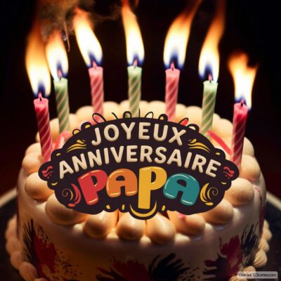 Gâteau d'anniversaire décoré de bougies allumées et d'un message joyeux anniversaire pour Papa.