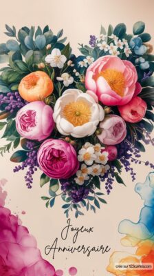 Bouquet de fleurs en forme de cœur avec le texte Joyeux Anniversaire en dessous, sur fond doux et délicat.