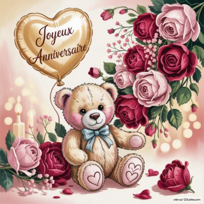 Un ours en peluche souriant tient un ballon doré avec Joyeux Anniversaire, entouré de roses rouges et de bougies.