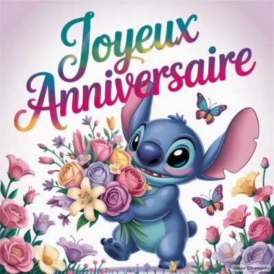 Carte d'anniversaire avec Stitch tenant un bouquet de fleurs, entouré de papillons. Texte en haut : Joyeux Anniversaire.