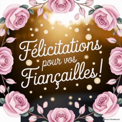 Carte de félicitations pour des fiançailles, ornée de roses et d'un fond lumineux avec le texte Félicitations pour vos Fiançailles !