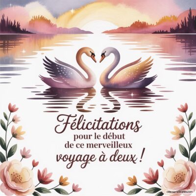 Carte de félicitations mariage avec deux cygnes s'aimant sur un lac, entourés de fleurs, et le texte Félicitations pour le début de ce merveilleux voyage à deux !