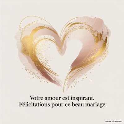 Carte de félicitations mariage avec un cœur stylisé aux couleurs rose et doré, accompagné d'un message inspirant.