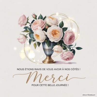 Bouquet de roses pastel dans un vase élégant avec une inscription Merci pour cette belle journée ! sur fond clair.