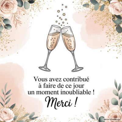 Carte de remerciement de mariage avec deux flûtes à champagne et des fleurs, exprimant gratitude pour un moment inoubliable.