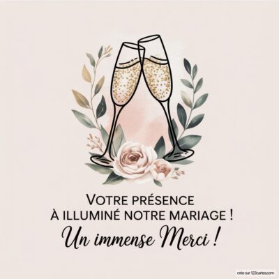 Deux flûtes à champagne ornées de paillettes, entourées de fleurs, avec un message de remerciement pour le mariage.