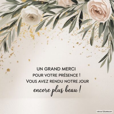 Carte de remerciement de mariage avec des fleurs roses et un fond doré. Texte : Un grand merci pour votre présence !