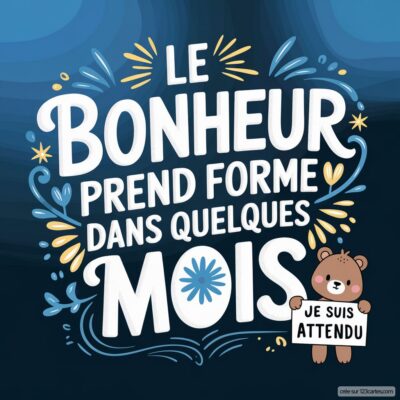 Carte virtuelle annonce de grossesse avec un ours tenant une pancarte Je suis attendu et le texte joyeux sur fond bleu.