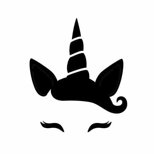 Silhouette tète licorne aux oreilles pointues et aux cils délicats.