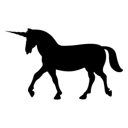 Silhouette licorne marchant, avec une corne distinctive sur son front et une queue ondulée.