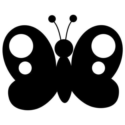Silhouette papillon stylisé avec des ailes symétriques. Les ailes présentent des cercles blancs. Le papillon est orienté de face, avec deux antennes visibles sur le dessus de sa tète.