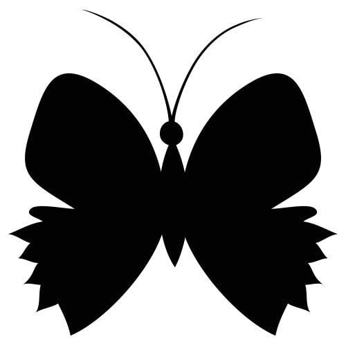 Silhouette papillon, avec des ailes déployées et une forme symétrique. Les antennes sont visibles en haut de la tète, et les contours des ailes présentent des détails stylisés.