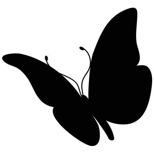 Silhouette d'un papillon noir, représenté with des ailes aux formes arrondies et symétriques.